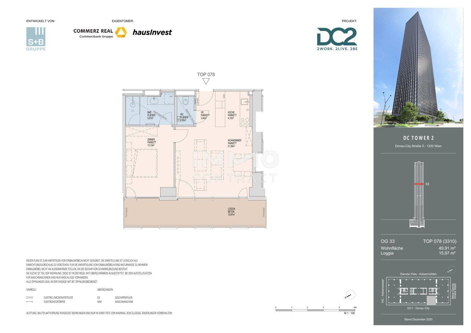 Grundriss der Wohnung Top 078 mit zwei Schlafzimmern, Bad und Loggia.