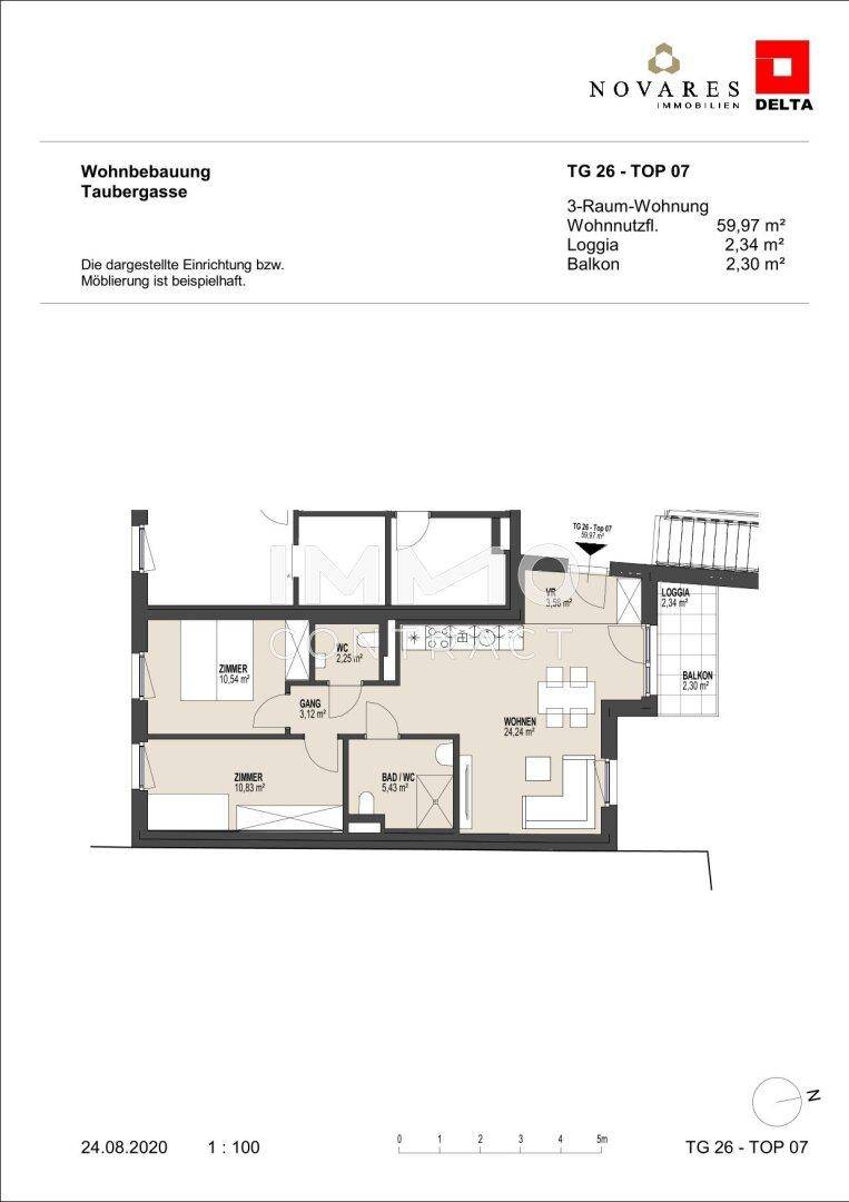 Grundriss einer 3-Zimmer-Wohnung mit Balkon und Loggia, detailliert dargestellt.