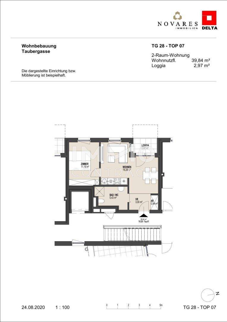 Grundriss einer 2-Zimmer-Wohnung mit Loggia und effizienter Raumaufteilung.