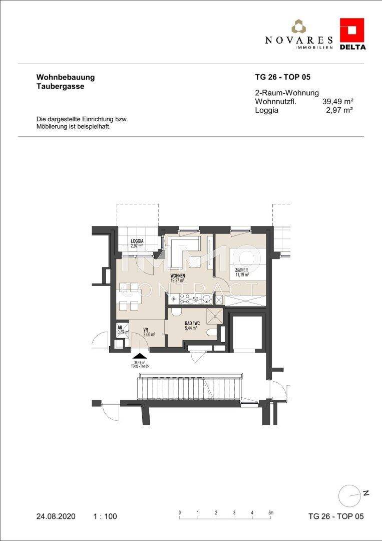 Grundriss einer 2-Zimmer-Wohnung mit offenem Wohnbereich und Loggia.