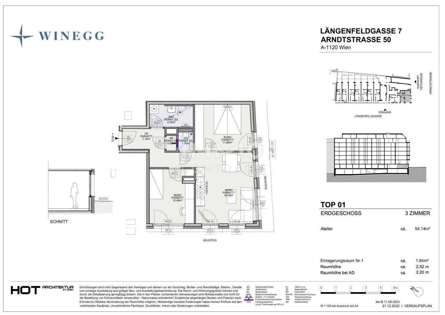 Grundriss einer 3-Zimmer-Wohnung im Erdgeschoss mit 54,14m² und Balkon, detailliert dargestellt.