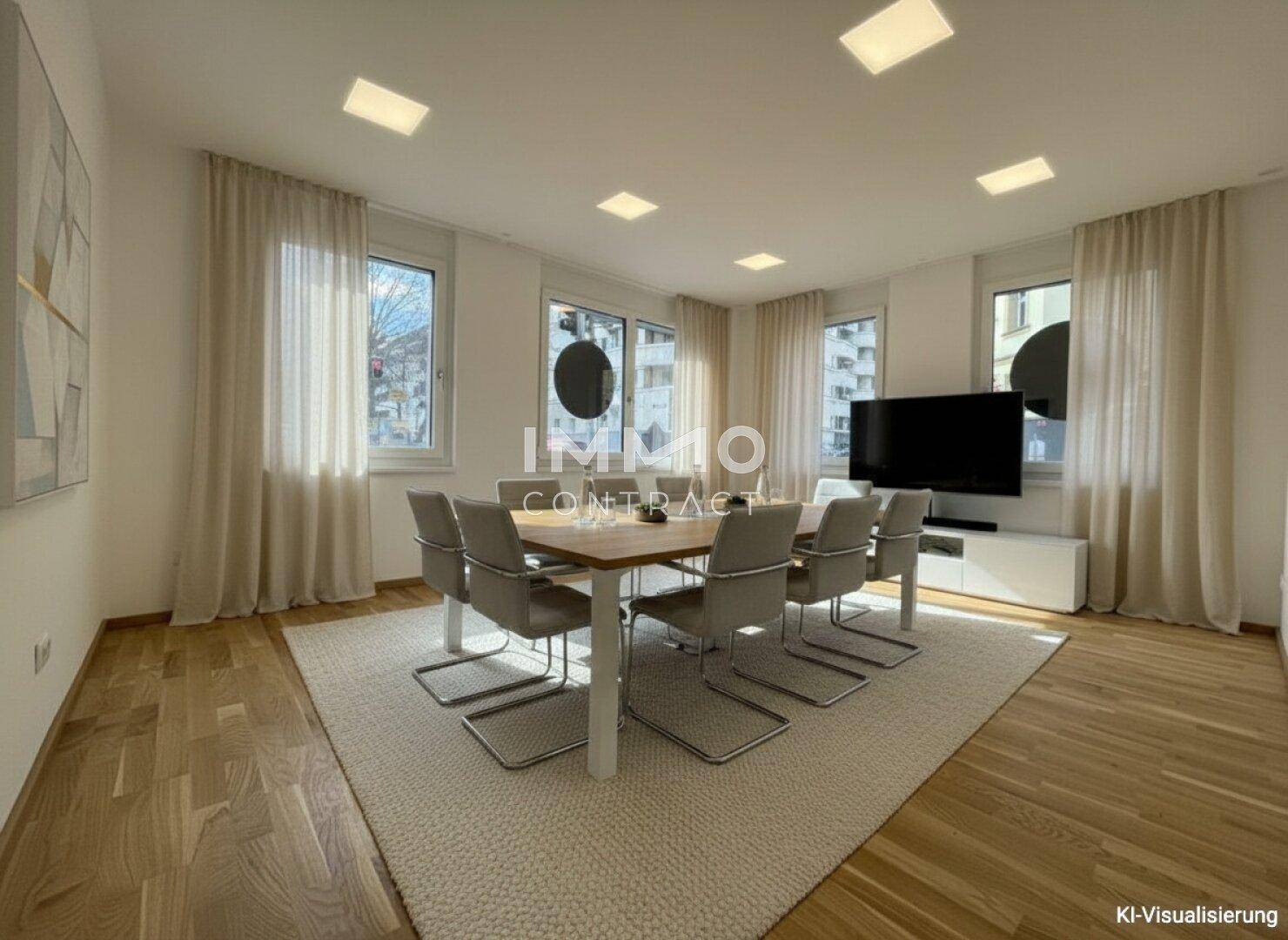 Moderner Essbereich mit Holzboden, großen Fenstern und stilvollen Möbeln, KI-visualisiert für eine ansprechende Präsentation.