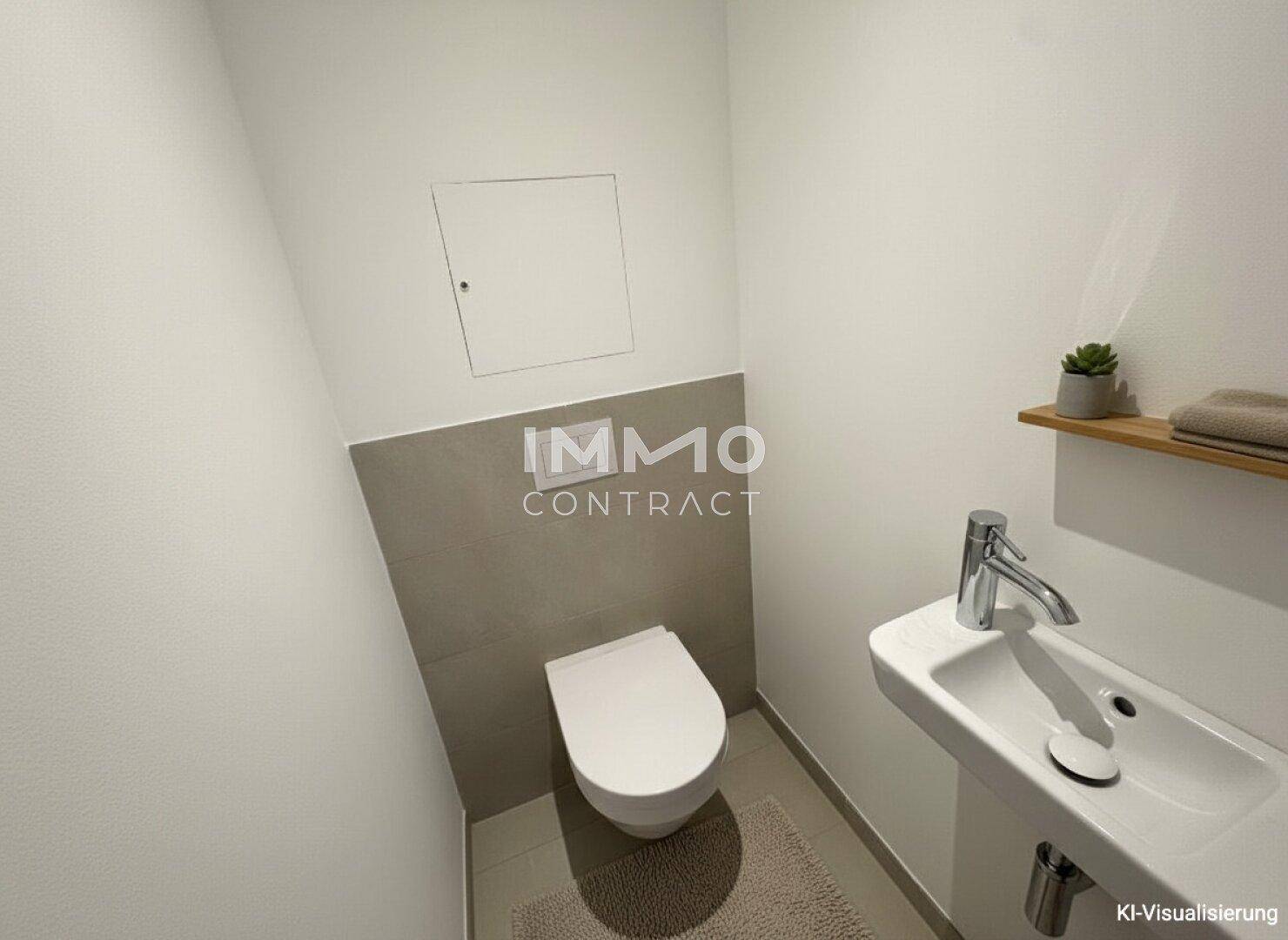 Kompaktes Gäste-WC mit Wand-WC, kleinem Waschbecken und modernen Fliesen, funktional und stilvoll gestaltet.