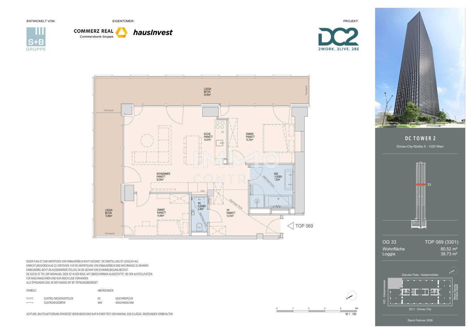 Detaillierter Grundriss einer Wohnung mit Loggia und klar definierten Wohnbereichen.