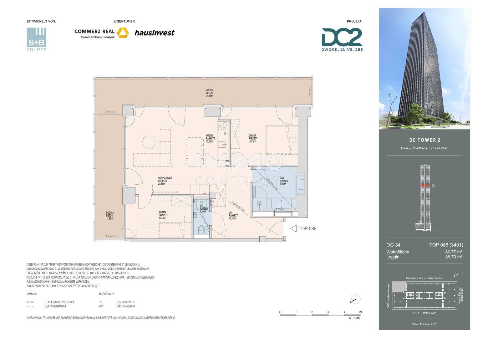 Grundriss einer Wohnung mit 80,77 m² Wohnfläche und einer 38,73 m² großen Loggia.
