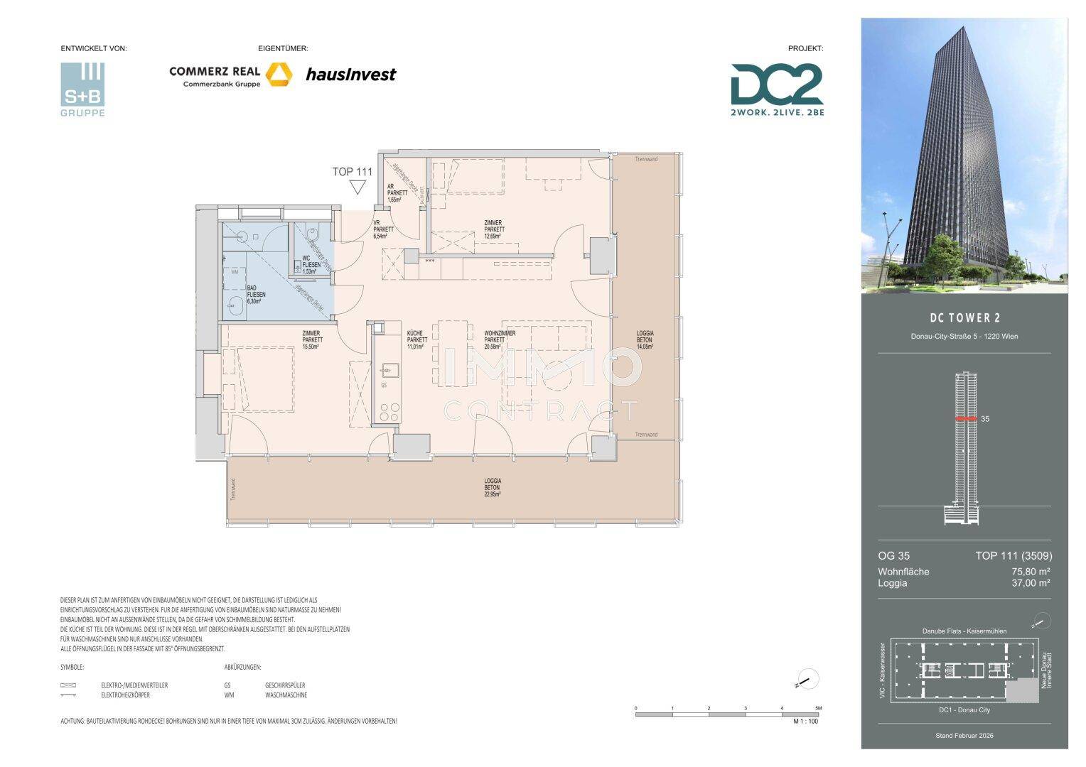 Detaillierter Grundriss einer Wohnung im DC Tower 2 mit Loggia und offenem Wohnbereich.