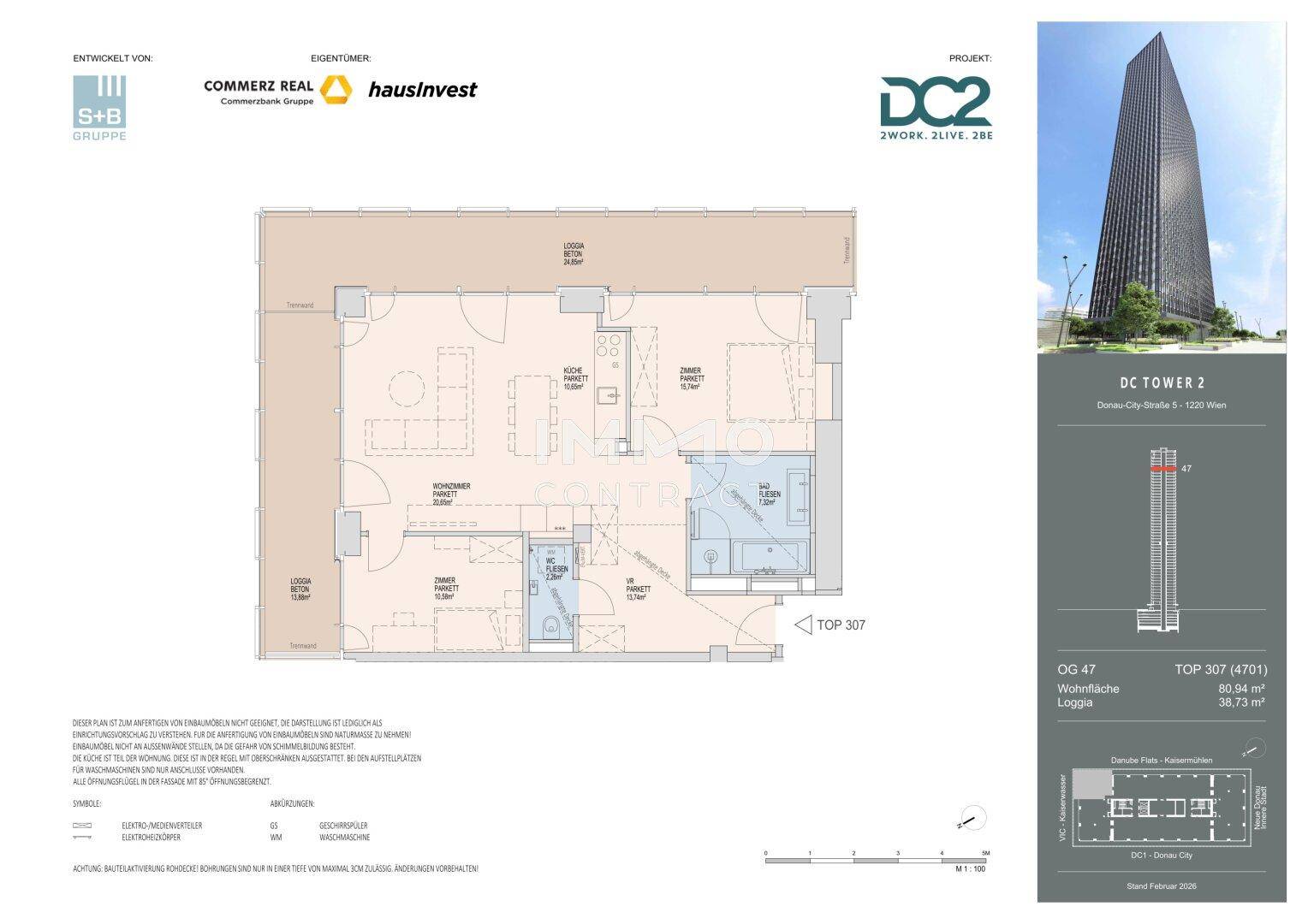 Grundriss einer Wohnung mit Loggia und klar definierten Wohnbereichen.
