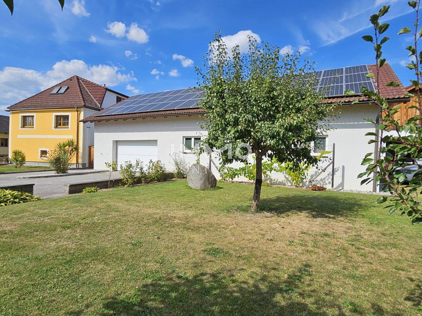 Grüner Rasenbereich mit einem Baum und einem Gebäude mit Photovoltaikanlage im Hintergrund.
