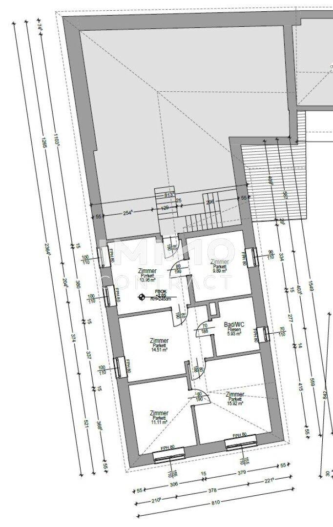 Grundriss des Dachgeschosses mit Schlafzimmern, Bad/WC und Dachschrägen.