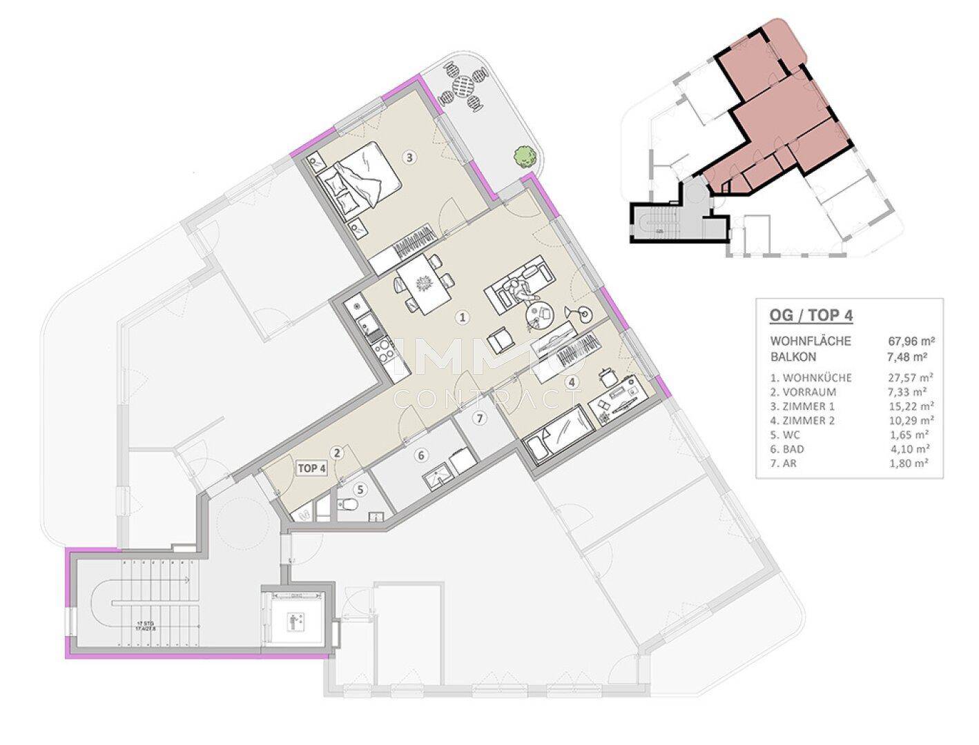 Detaillierter Grundriss des Obergeschosses mit Wohnküche, zwei Zimmern und Balkon.