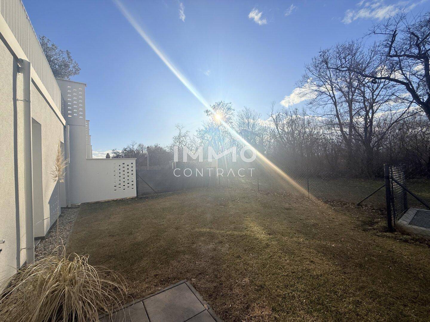 Sonniger Gartenbereich mit Rasenfläche und Bäumen, angrenzend an das Gebäude.