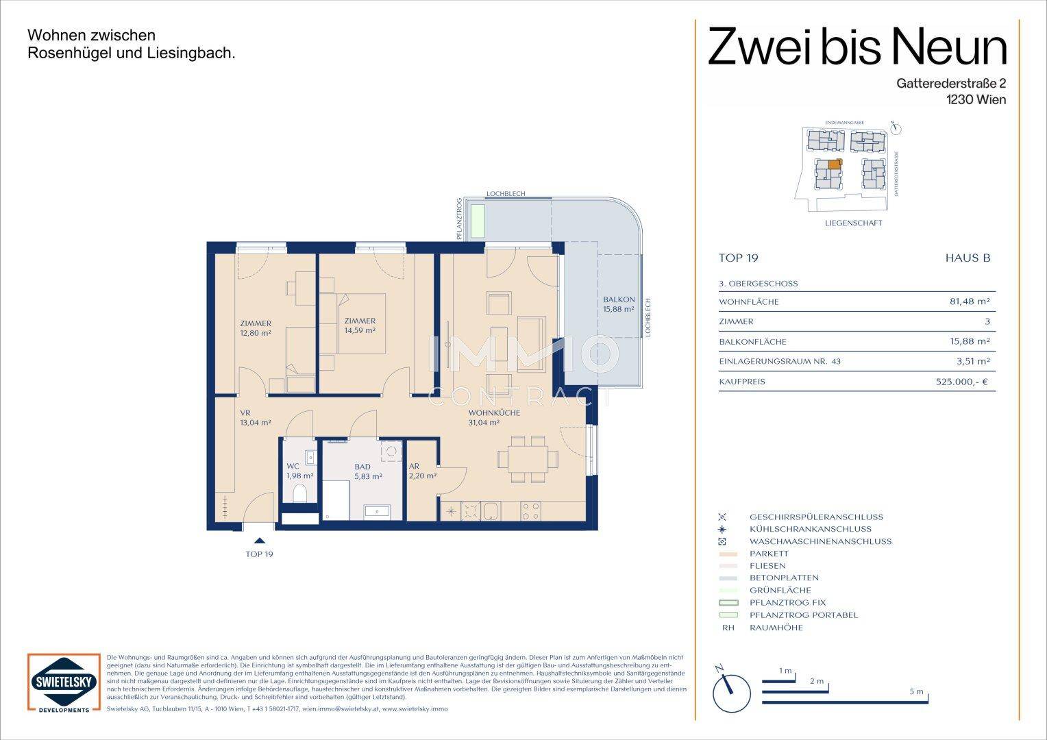 Detaillierter Grundriss einer Wohnung mit drei Zimmern, Balkon und separatem WC.