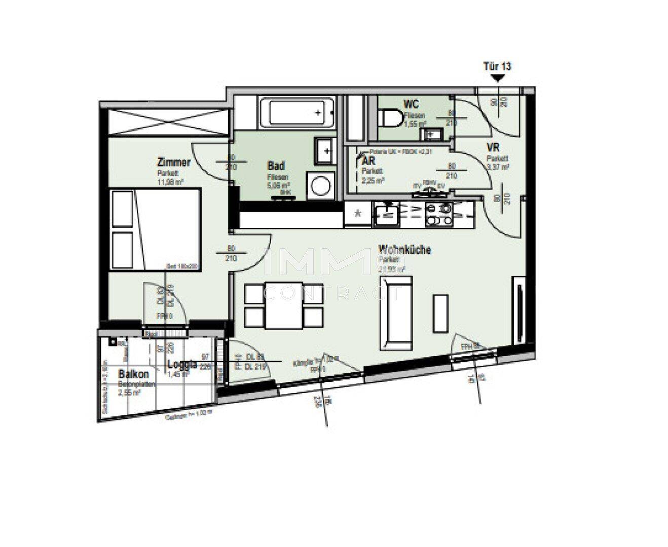 Grundriss der Wohnung mit Wohnküche, Schlafzimmer und Loggia.