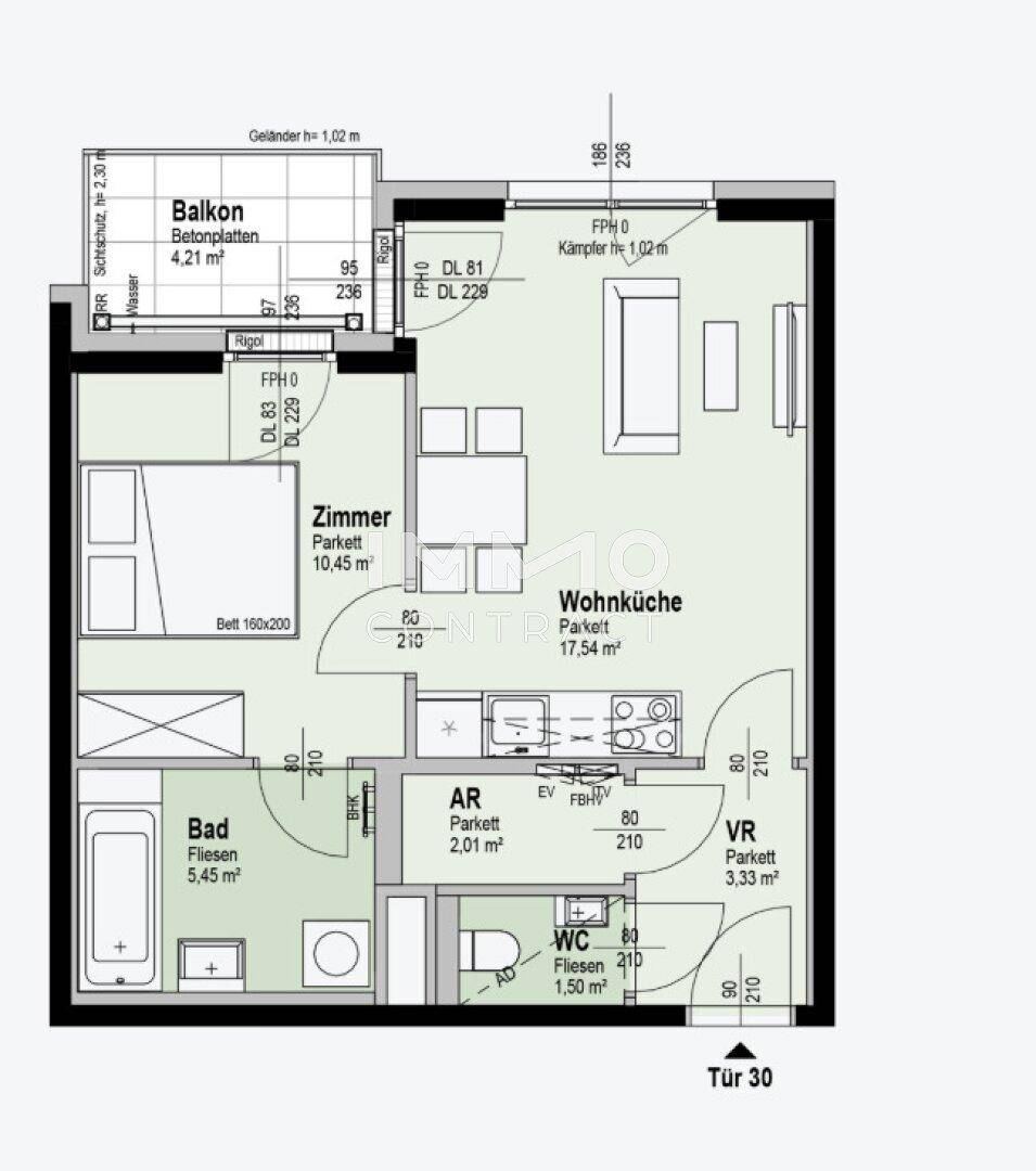 Grundriss einer Wohnung mit Wohnküche, Schlafzimmer, Bad und Balkon.