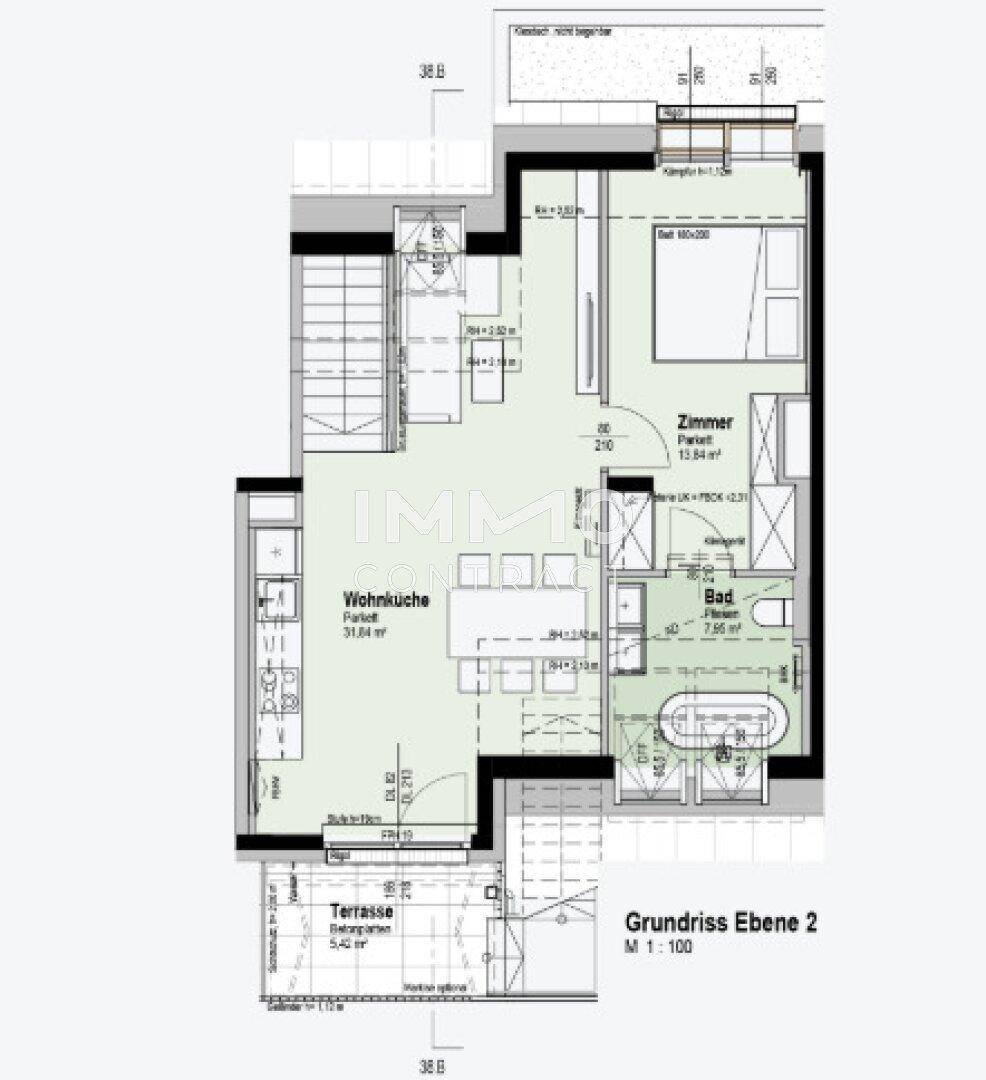 Grundriss der zweiten Ebene mit Wohnküche, Schlafzimmer, Bad und einer weiteren Terrasse.
