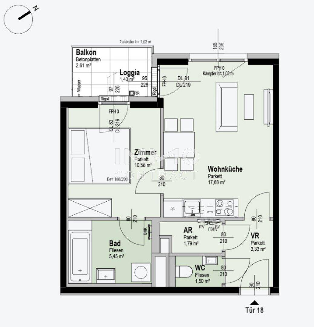Grundriss einer Wohnung mit Wohnküche, Schlafzimmer, Bad, WC und Balkon.