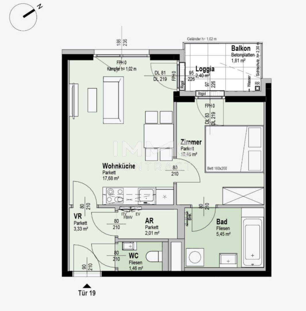 Grundriss einer Wohnung mit Wohnküche, Schlafzimmer, Bad, WC und Loggia.