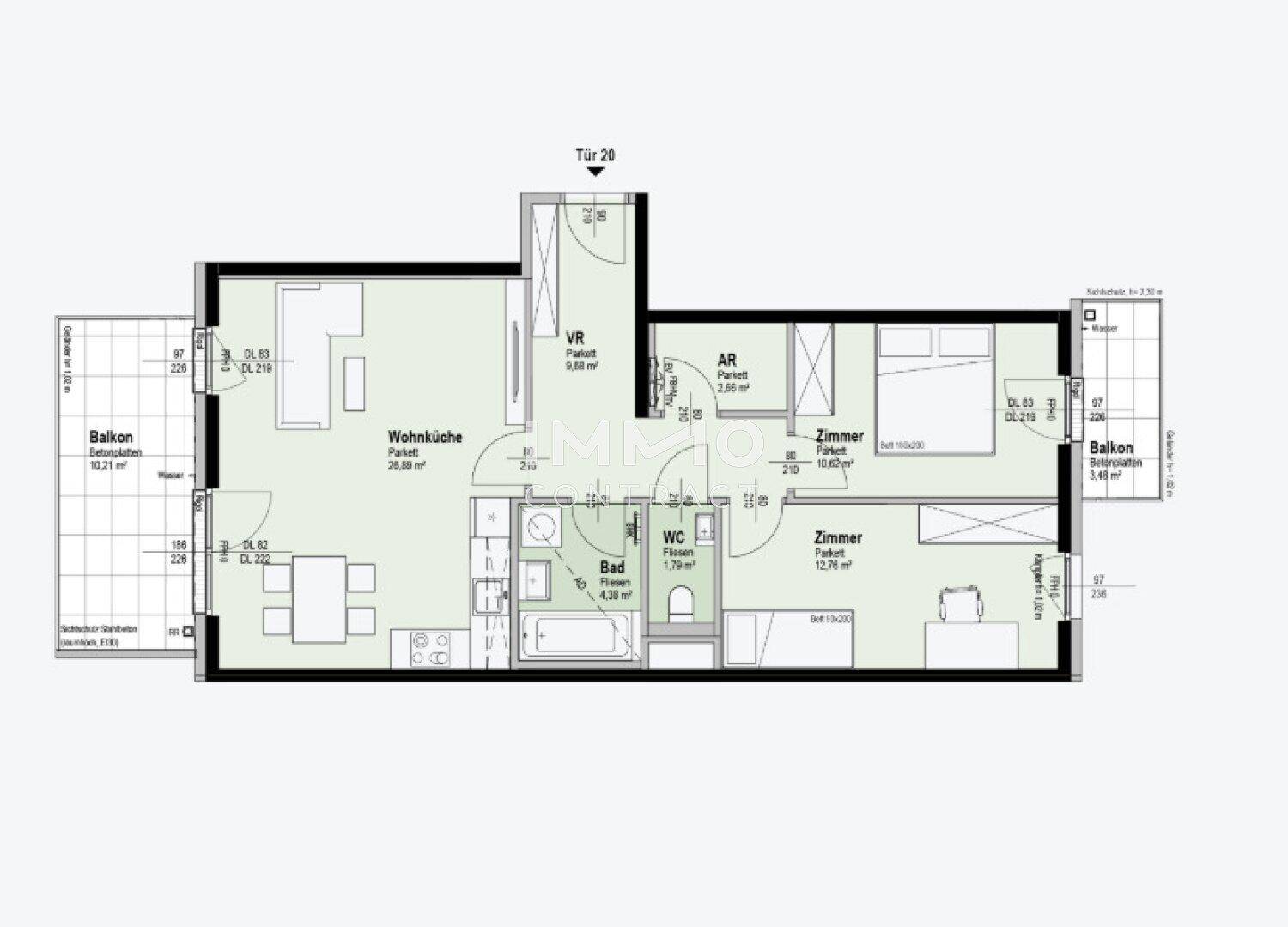 Detaillierter Grundriss der Wohnung mit Raumaufteilung und Flächenangaben.