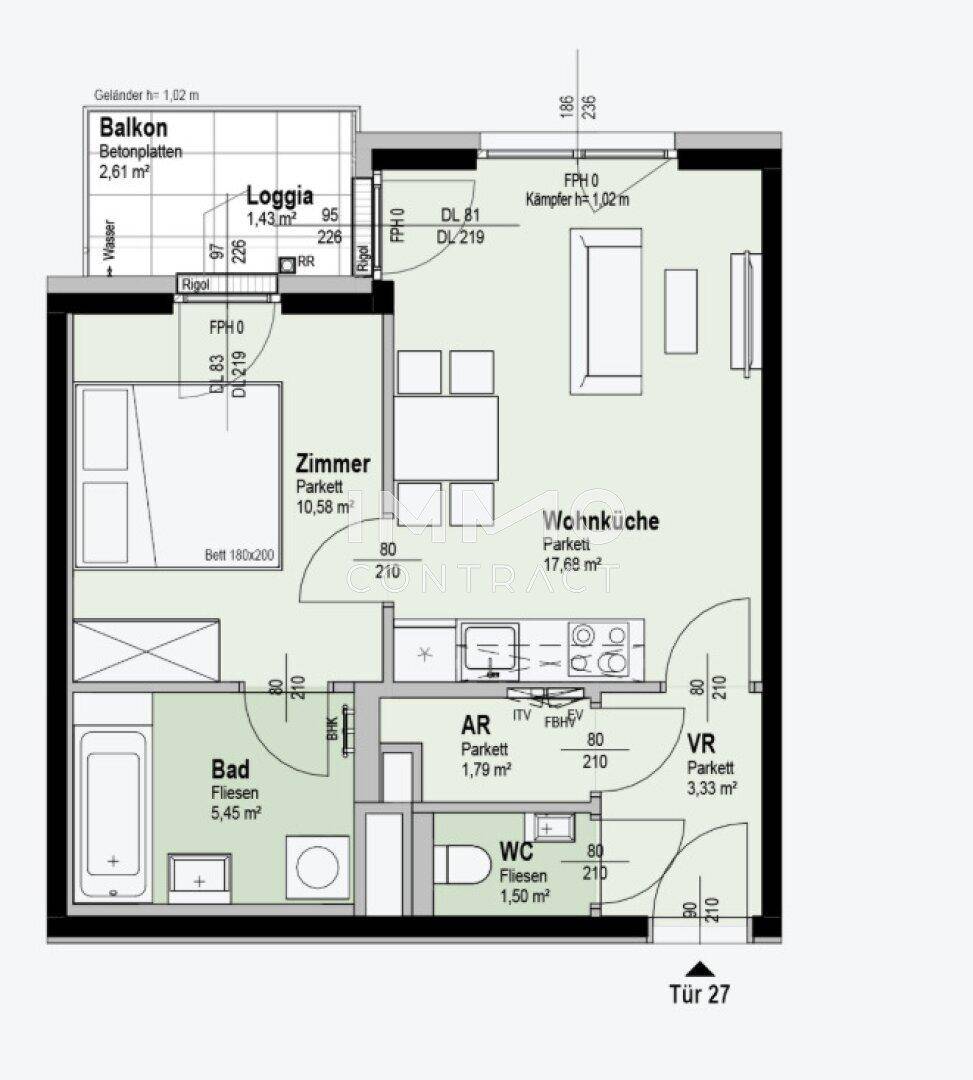 Grundriss einer Wohnung mit Wohnküche, Schlafzimmer, Bad und Balkon.