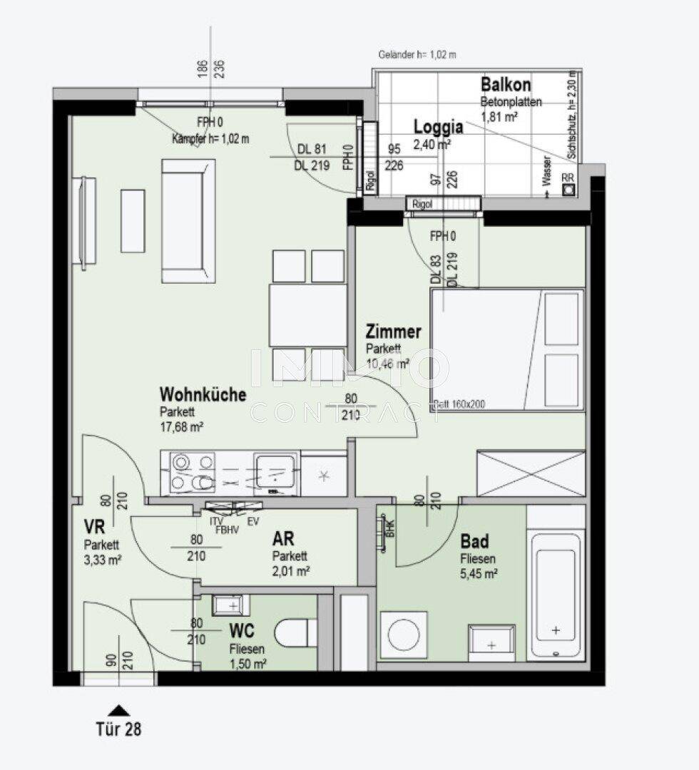 Detaillierter Grundriss einer Wohnung mit Wohnküche, Schlafzimmer, Bad und Loggia.