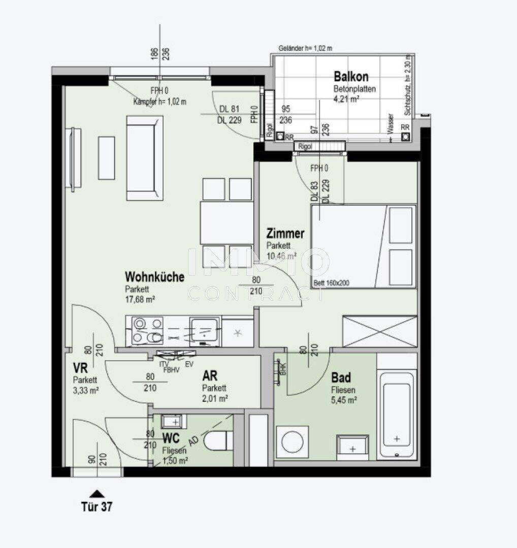 Grundriss der Wohnung mit Wohnküche, Schlafzimmer und Balkon.