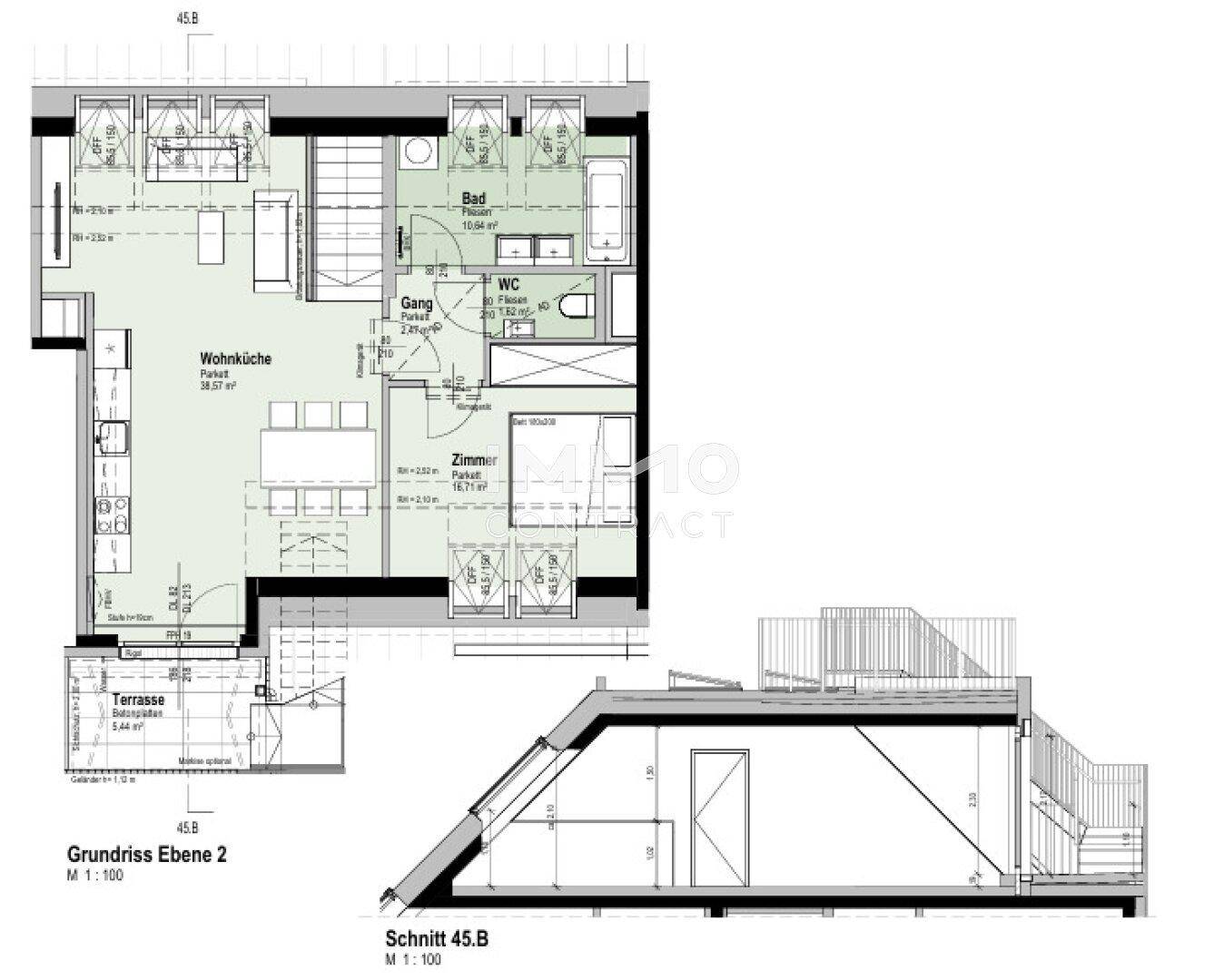Grundriss der zweiten Ebene mit offener Wohnküche, Zimmer, Bad, WC und Terrasse.