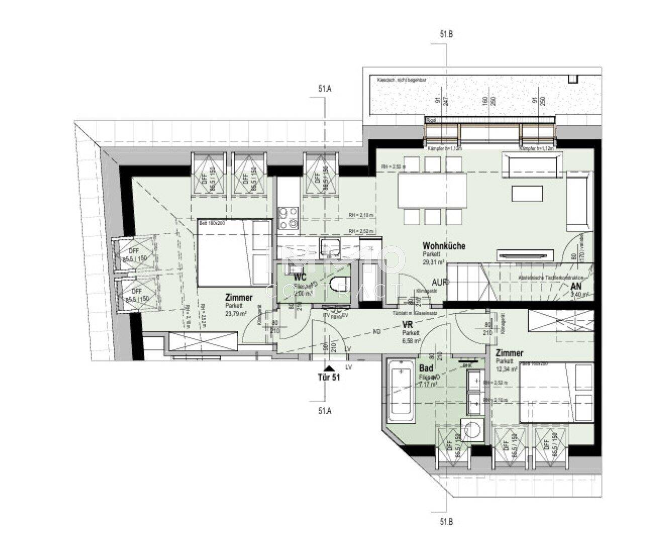 Detaillierter Grundriss der Wohnung mit Wohnküche, zwei Zimmern und Bad.
