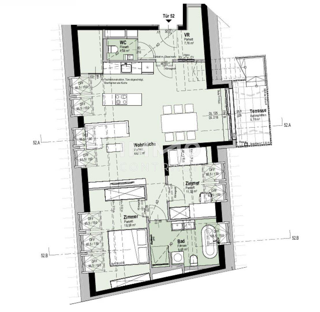 Detaillierter Grundriss einer Wohnung mit offener Wohnküche, mehreren Zimmern und Terrasse.