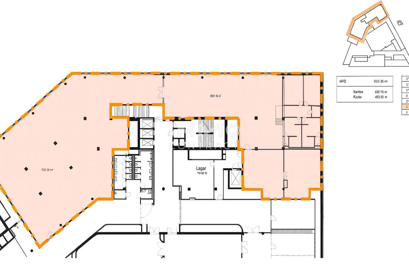 Grundriss eines großen Gewerbebereichs mit flexibler Raumaufteilung und Lagerfläche.