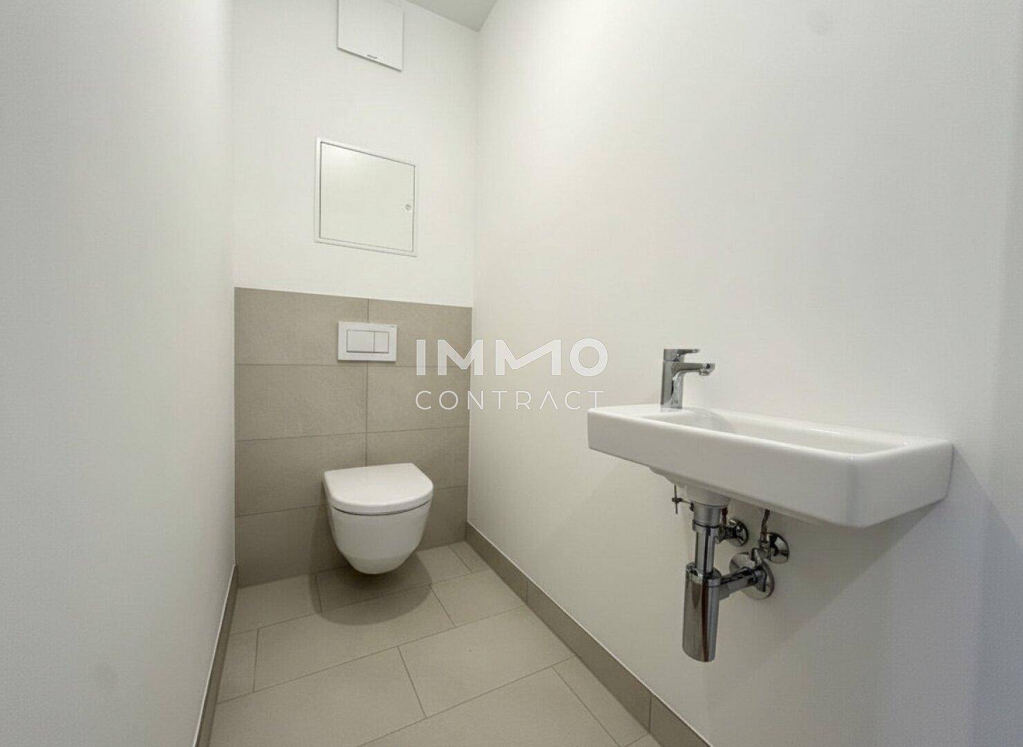 Separates Gäste-WC mit wandhängender Toilette, Waschbecken und grauen Fliesen.