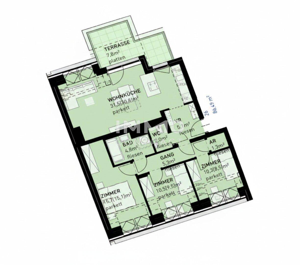 Grundriss einer Wohnung mit Wohnküche, drei Zimmern und Terrasse von 7,8 m².