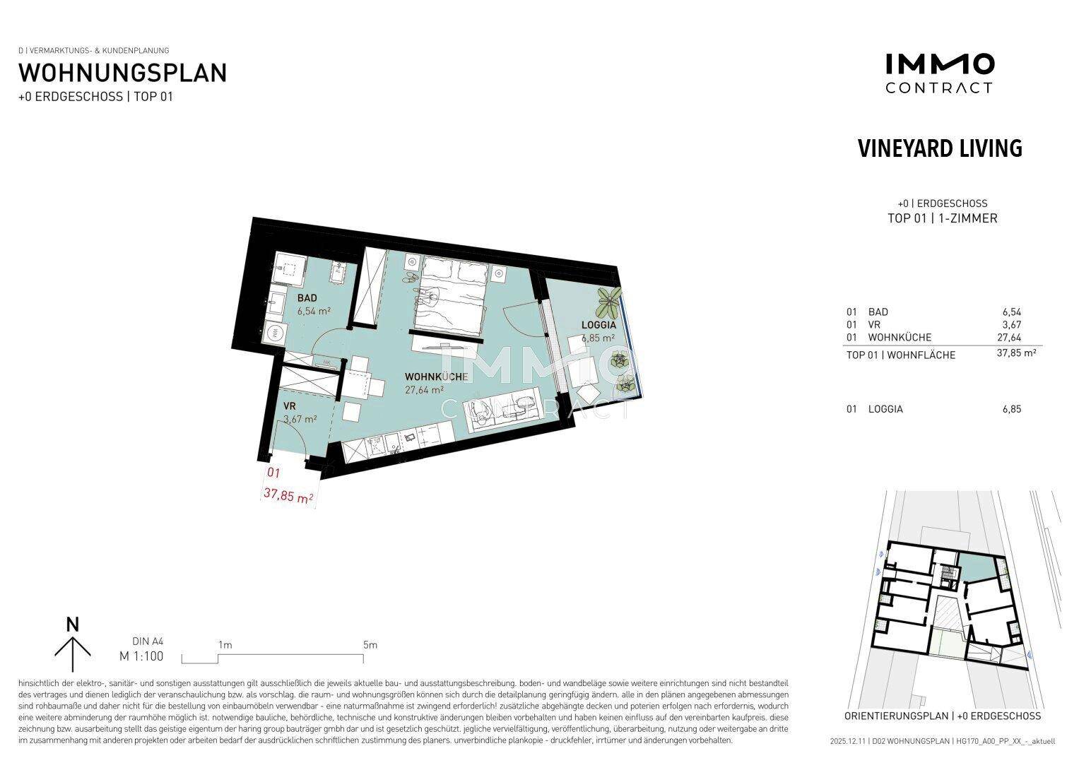 Detaillierter Grundriss einer 1-Zimmer-Wohnung mit Loggia und offenem Wohnbereich.