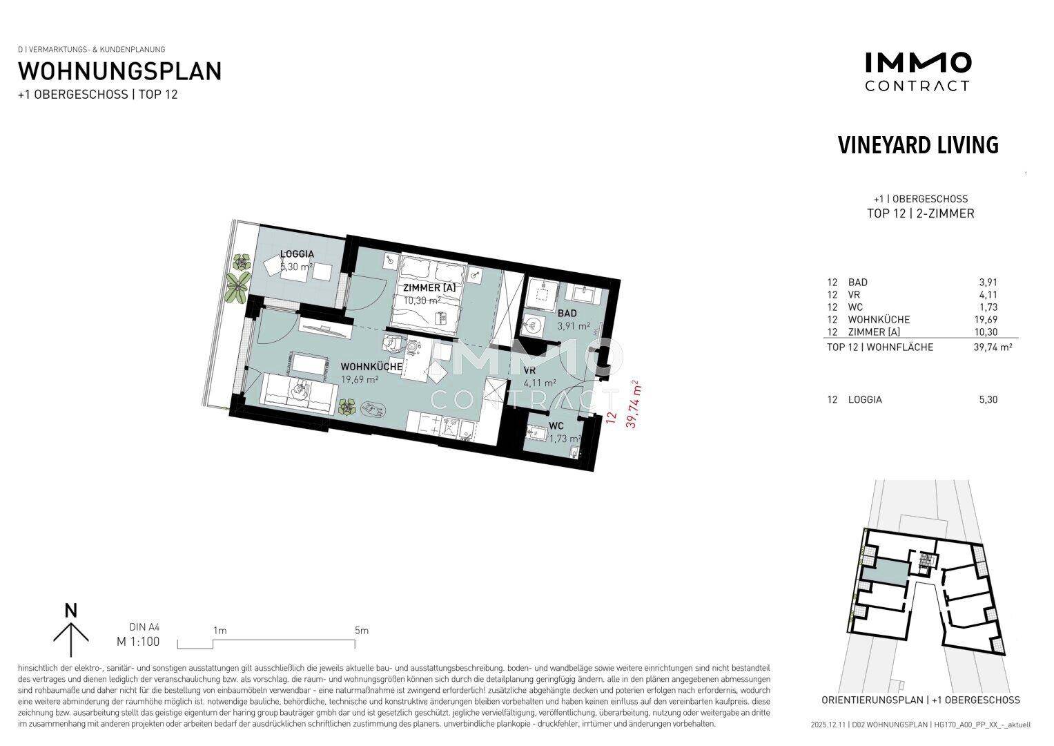 Grundrissplan einer 2-Zimmer-Wohnung im ersten Obergeschoss mit Loggia und Bad.