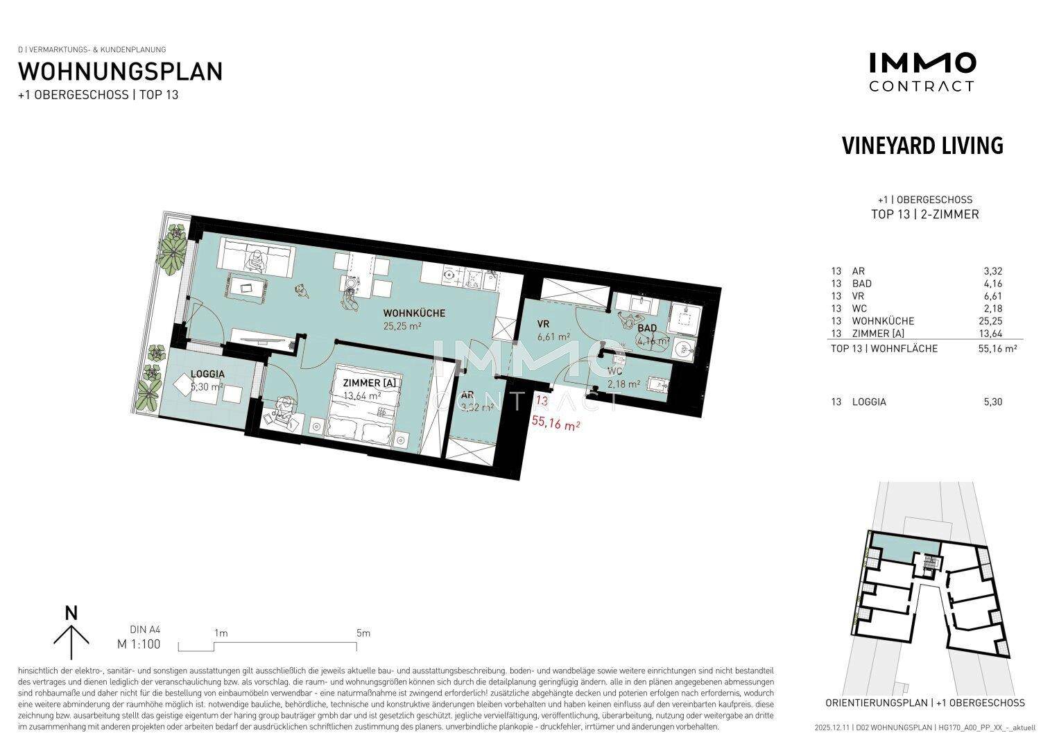 Grundriss einer 2-Zimmer-Wohnung mit Loggia und offenem Wohn-Kochbereich.