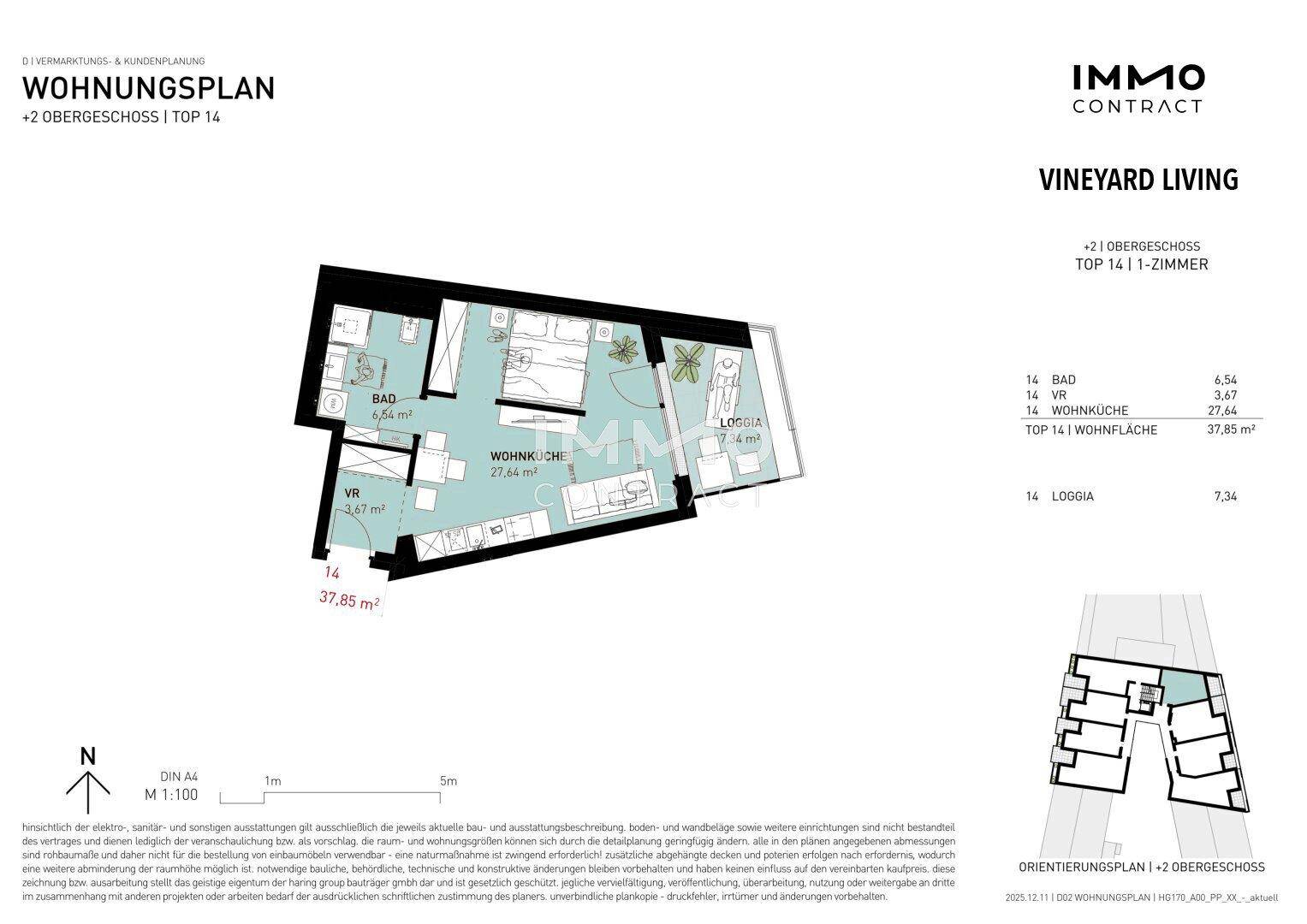 Grundrissplan einer Wohnung im 2. Obergeschoss mit Loggia und 37,85 m² Wohnfläche.