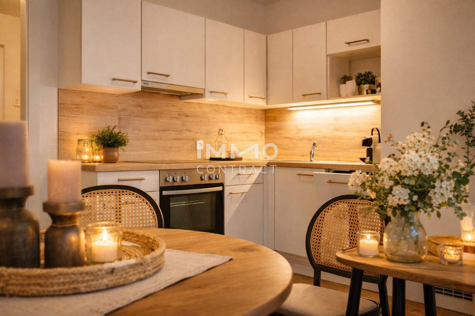 Moderne Einbauküche mit weißen Schränken, Holzrückwand und integrierten Geräten.