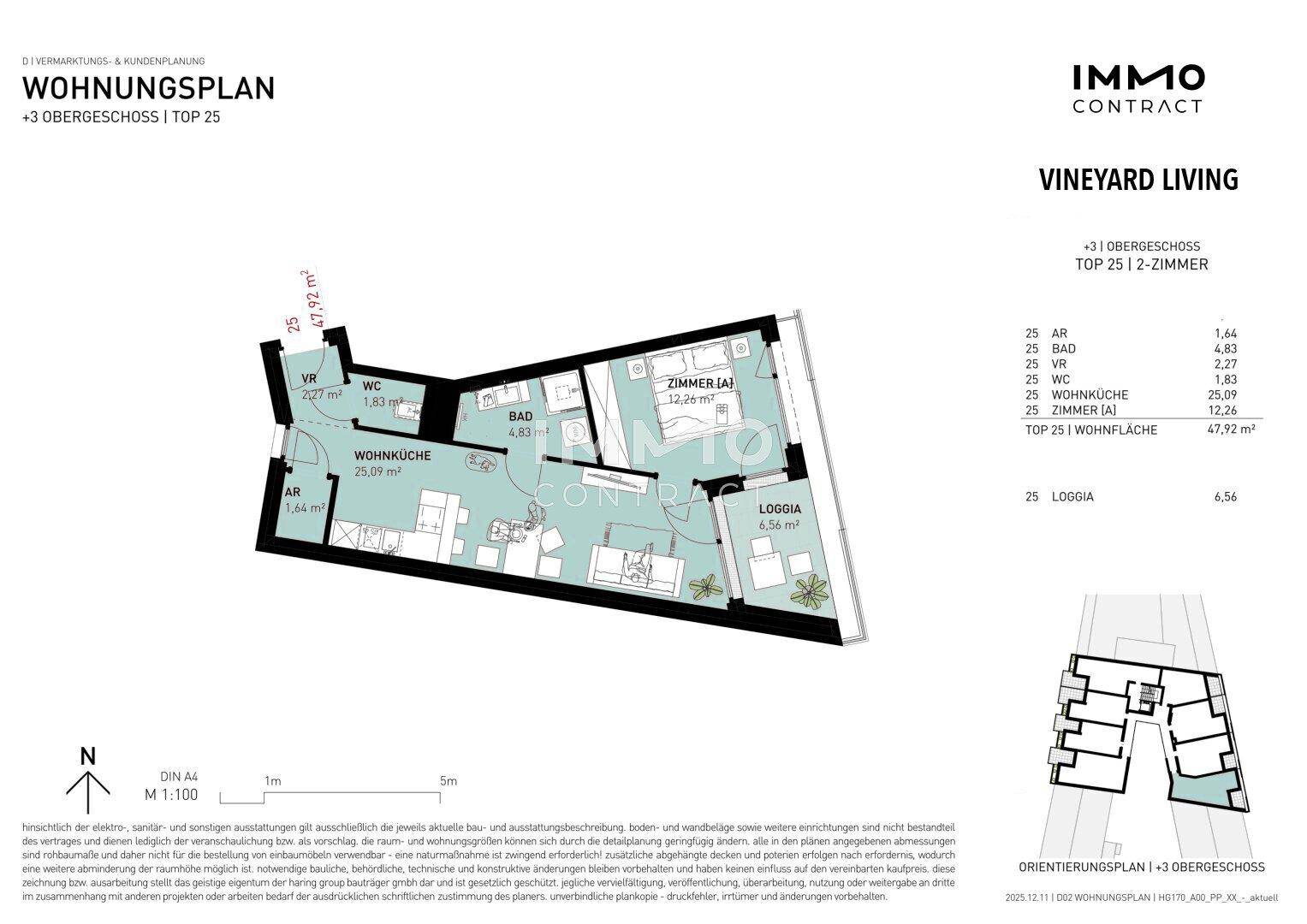 Grundriss einer 2-Zimmer-Wohnung im 3. Obergeschoss mit Loggia und separatem WC.