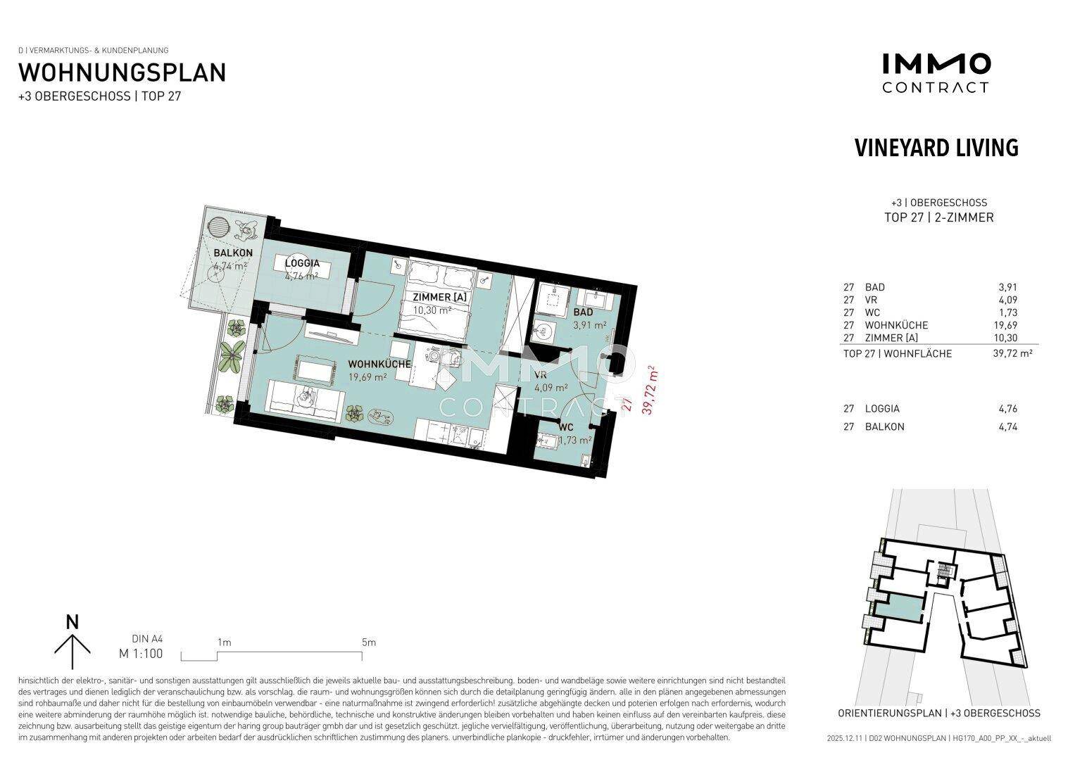 Grundrissplan einer 2-Zimmer-Wohnung im 3. Obergeschoss mit Balkon und Loggia.
