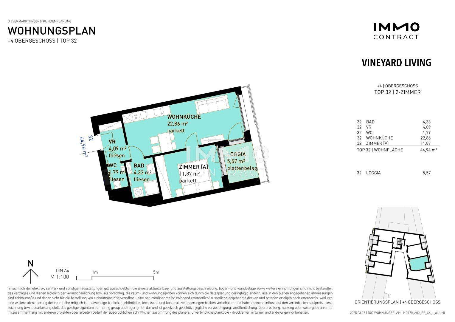 Grundriss einer 2-Zimmer-Wohnung im 4. Obergeschoss mit Loggia und 44,94 m² Wohnfläche.