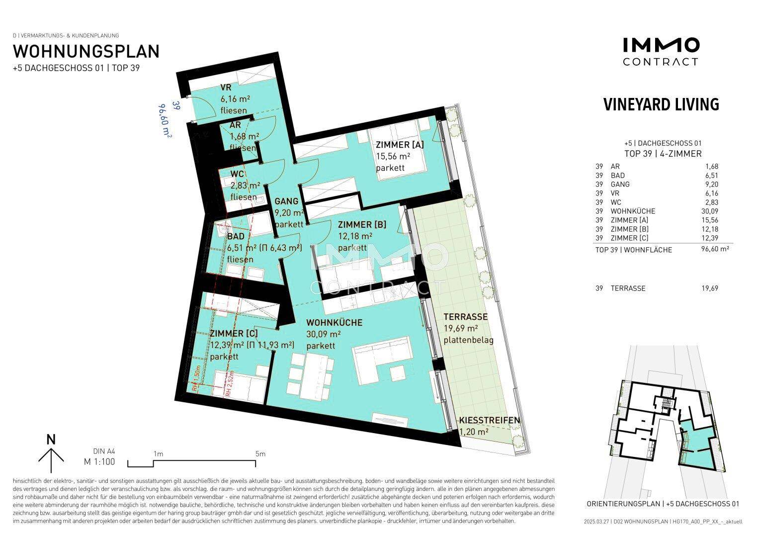 Detaillierter Grundriss einer 4-Zimmer-Wohnung mit Terrasse und offener Wohnküche.