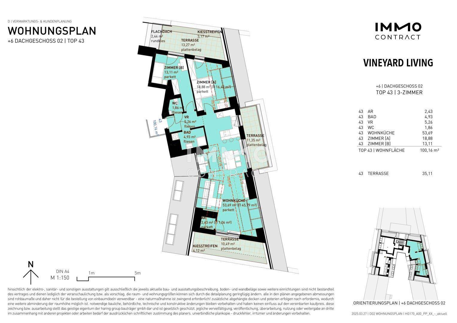 Detaillierter Wohnungsplan mit drei Zimmern, Terrassen und offener Wohnküche auf 100,16 m².