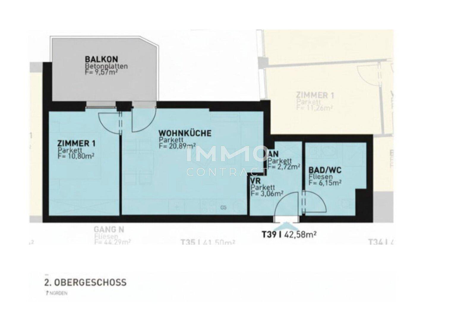 Grundriss einer Wohnung mit Wohnküche, Schlafzimmern, Bad und einem Balkon.