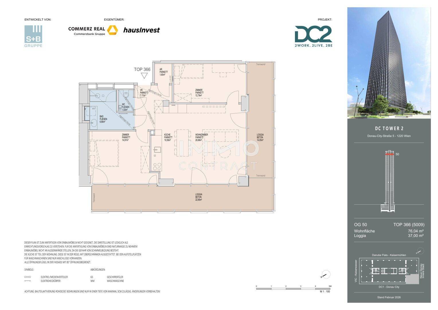 Grundriss einer Wohnung mit 76,04 m² Wohnfläche und einer 37,00 m² großen Loggia.
