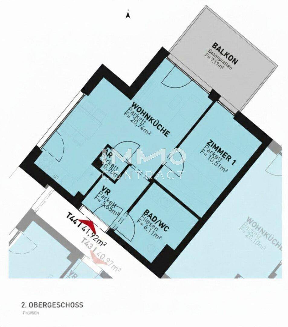 Grundriss einer Wohnung im 2. Obergeschoss mit Wohnküche, Zimmer und Balkon.