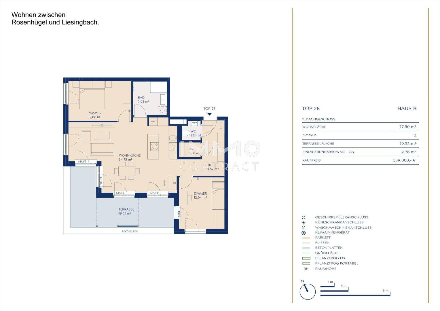 Grundriss der Wohnung TOP 28 in Haus B mit drei Zimmern, Bad, WC und großer Terrasse.