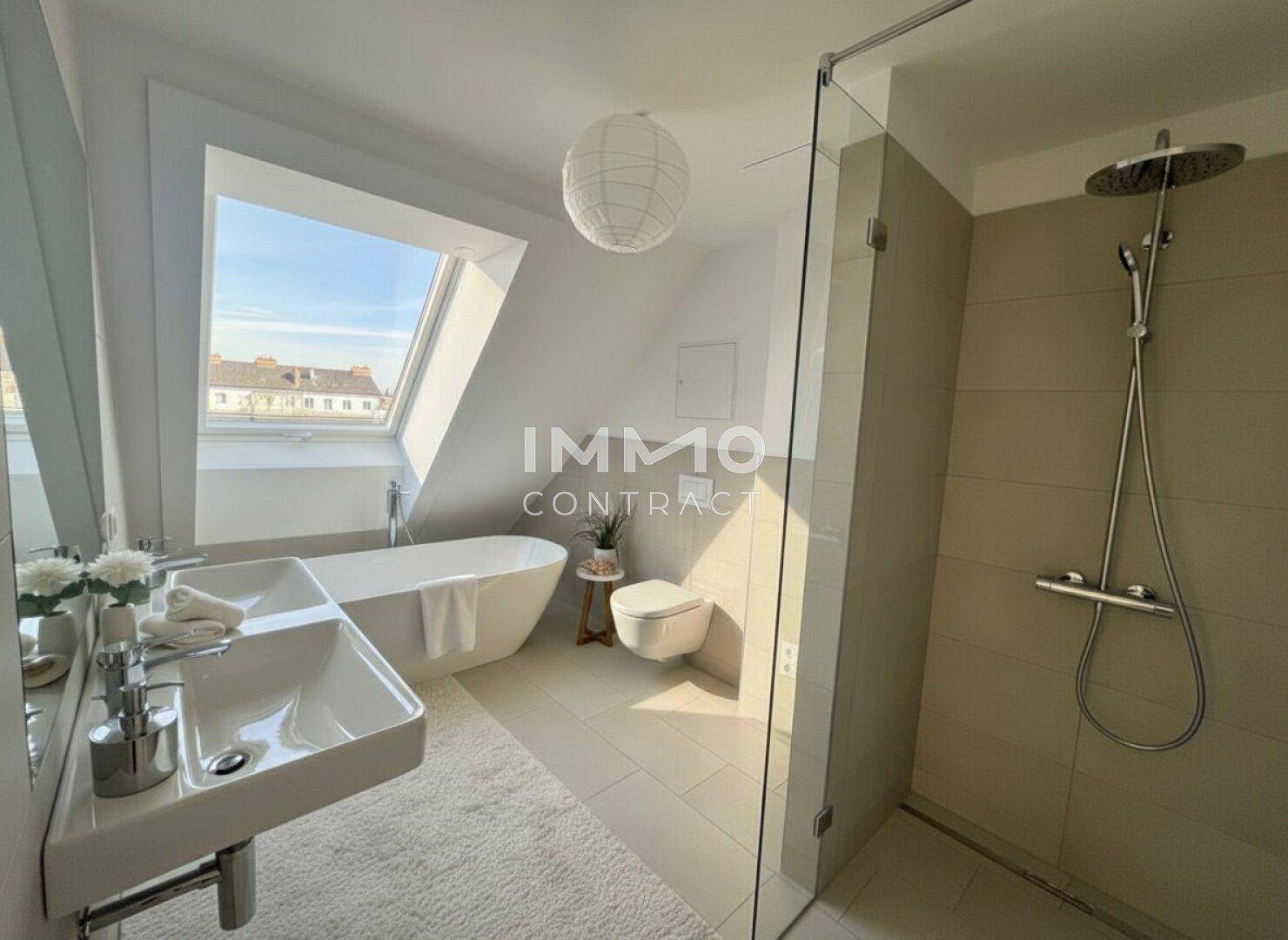 Modernes Badezimmer im Dachgeschoss mit freistehender Badewanne, Doppelwaschbecken und begehbarer Dusche.
