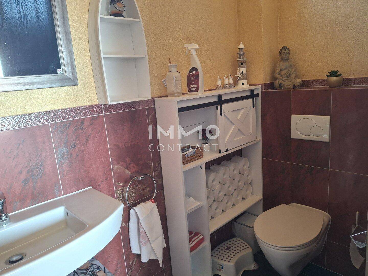 Kleines Gäste-WC mit Wand-WC, Einzelwaschbecken und dekorativen Fliesen.