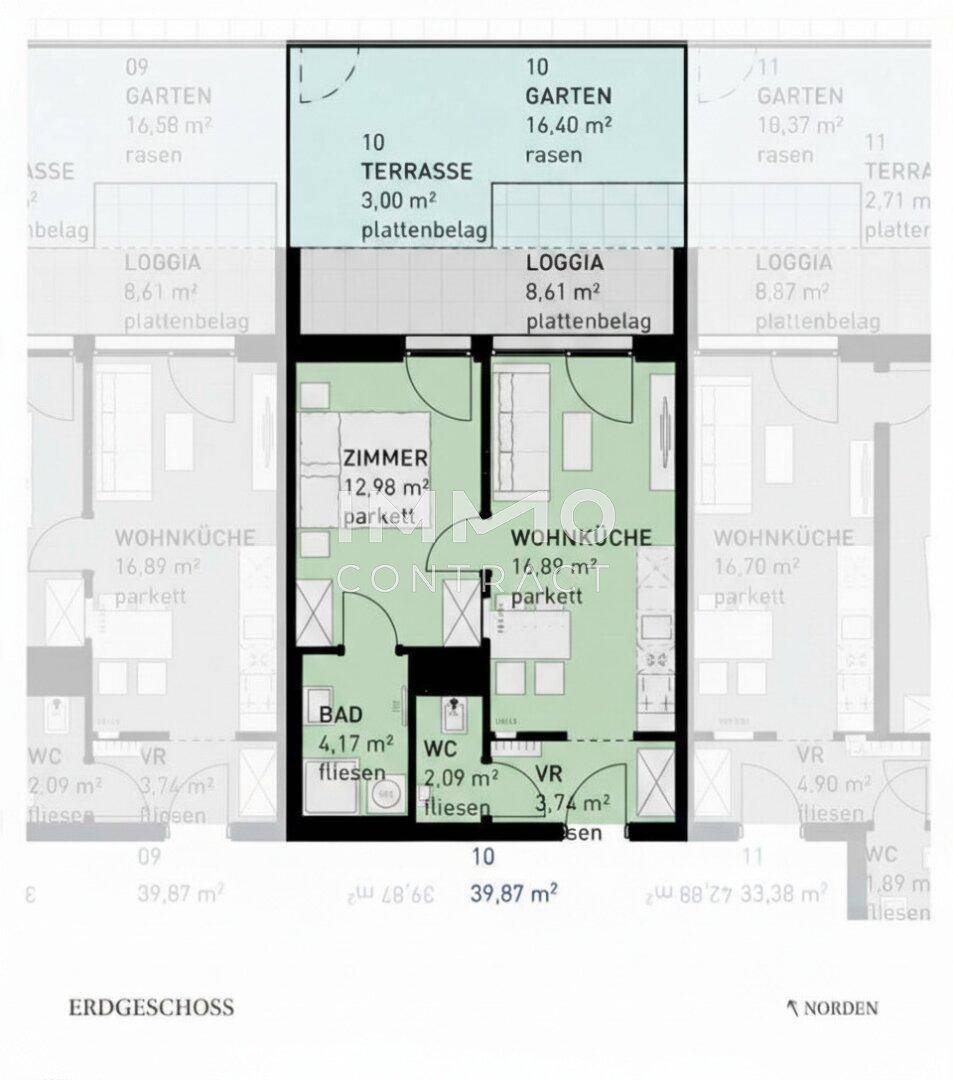Grundriss des Erdgeschosses mit Wohnküche, Zimmer, Bad, WC, Terrasse und Garten.