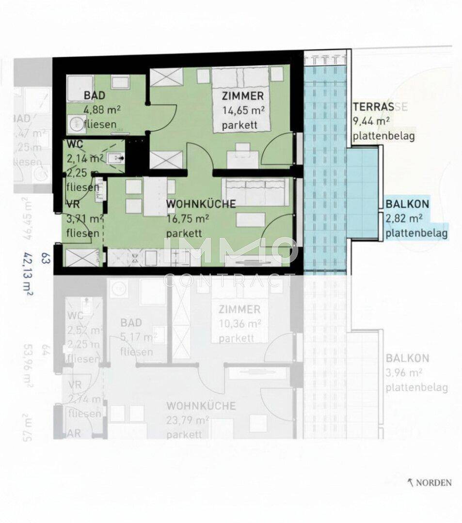 Grundriss einer Wohnung mit Terrasse, Balkon und mehreren Zimmern, inklusive Flächenangaben.
