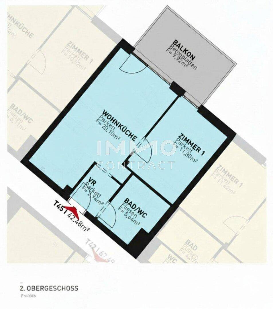 Grundriss einer Wohnung im 2. Obergeschoss mit Wohnküche, Zimmer und Balkon.